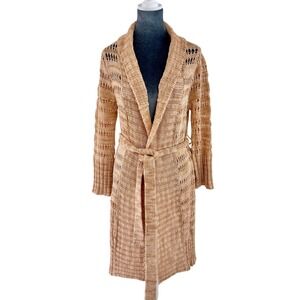 Bebe‎ Tan Knit Boho Hippie Crochet Belted Long Slv Duster Cardigan Sweater  XS/S
